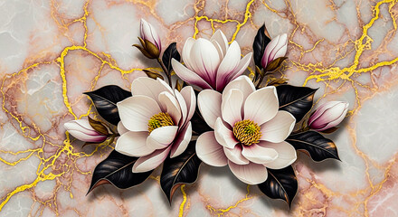 Elegant white magnolia flowers with dark leaves and golden veins on a pink marble background