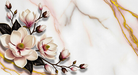 Delicate white magnolia flowers with pink tips bloom gracefully on a branch against a marbled background with golden veins
