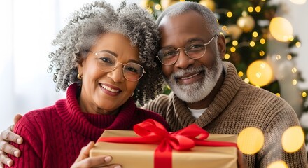 A smiling elderly african american couple embracing, holding a christmas gift, with a festive, bokehlit christmas tree in the background