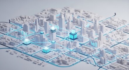 Obraz premium Dynamic smart city network visualization with glowing data hubs connecting futuristic urban infrastructure, representing connectivity and progress