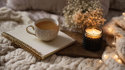Cozy autumn scene tea candle notebook blanket lights