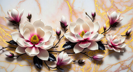 Several white magnolia flowers with pink hues and dark leaves are artfully arranged on a marble surface with subtle gold veining.