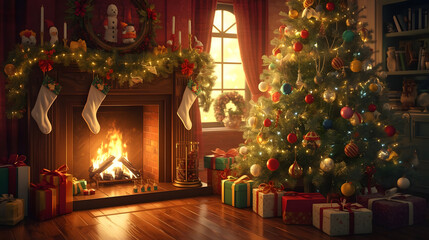 Cozy Christmas Eve: Fireplace, Tree, and Presents Create a Festive Atmosphere