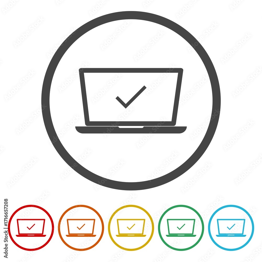 Poster laptop with check mark icon. set icons in color circle buttons