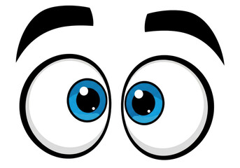 Bright blue cartoon eyes staring intensely with white outlines on a dark canvas transparent background