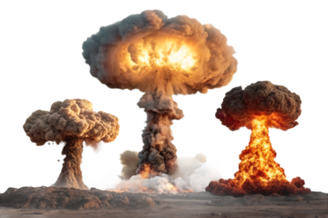Set of nuclear explosions and mushroom cloud isolated on AI generated by PNG