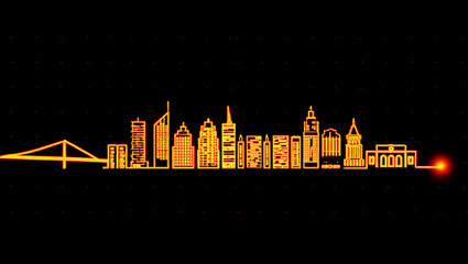 Glowing orange city skyline with bridge and pulse neon