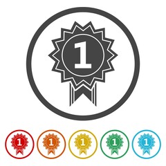 Number 1 winner ribbon award badge . Set icons in color circle buttons