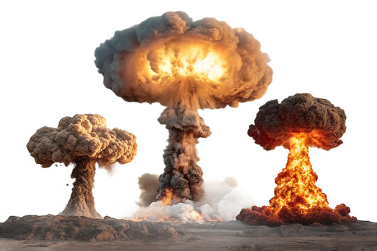 Set of nuclear explosions and mushroom cloud isolated on AI generated by PNG