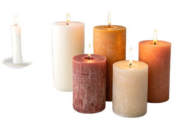 Set of pillar candles with flames illuminated, cut out on AI generated by PNG