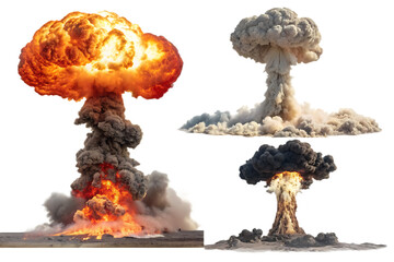 Set of nuclear explosions and mushroom cloud isolated on AI generated by PNG
