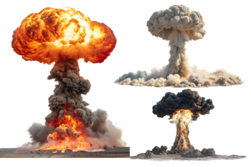 Set of nuclear explosions and mushroom cloud isolated on AI generated by PNG