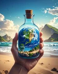 Earth in a bottle, hand holding