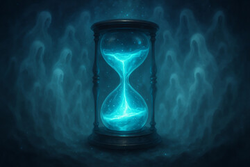 magical hourglass glowing with liquid light instead of sand, surrounded by ethereal ghostly silhouettes fading into a misty dreamlike realm, surreal fantasy atmosphere