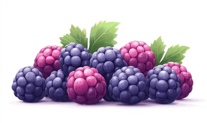 A cluster of vibrant blackberries, with leaves, displayed against a white background.  Fresh, ripe fruit