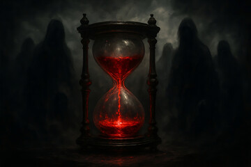 Crimson Shadows ominous hourglass with glowing crimson liquid dripping away, surrounded by shadowy ghostly silhouettes