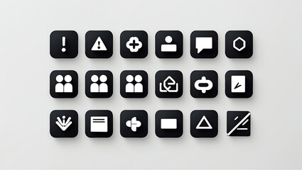 Collection of black and white user interface icons on white background