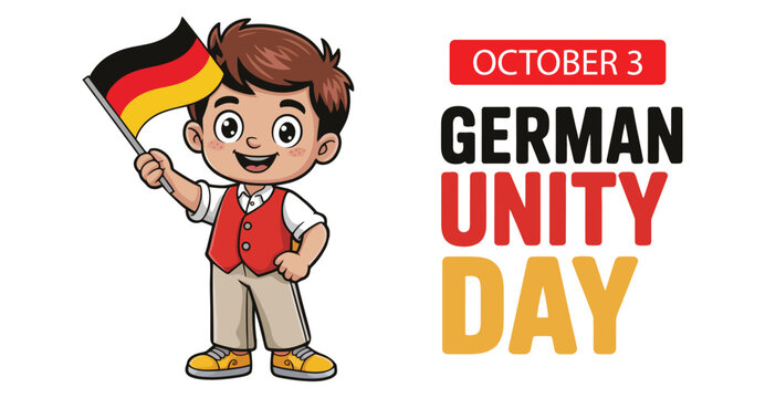 Cartoon illustration of smiling boy holding German flag with bold “October 3 German Unity Day” text in national colors, celebrating reunification