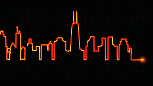 Orange neon city skyline silhouette against dark grid image - Powered by Adobe