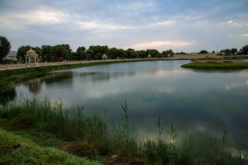 Scenic view of Al Qurm Natural Park lake in Muscat, Oman with walking promenade, Sultanate of Oman , September 19 2025. 