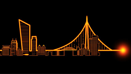 Orange neon cityscape with bridge and glowing orb buildings
