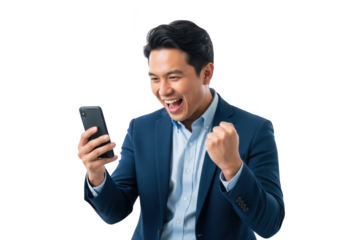 Excited businessman celebrating success while looking at his smartphone screen transparent background