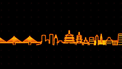 Orange neon skyline with bridge and pagodas image