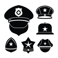 Police Icons Set Black Silhouette Vector of Hats, Badges, Stars, and Shields
