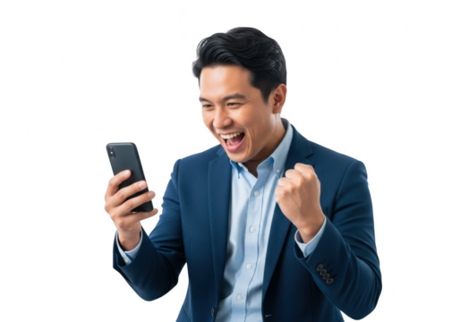 Excited businessman celebrating success while looking at his smartphone screen transparent background