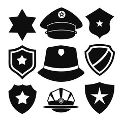 Police Icons Set Black Silhouette Vector of Hats, Badges, Stars, and Shields