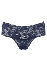 Stylish navy blue lace lingerie thong isolated on white backdrop offering seductive look