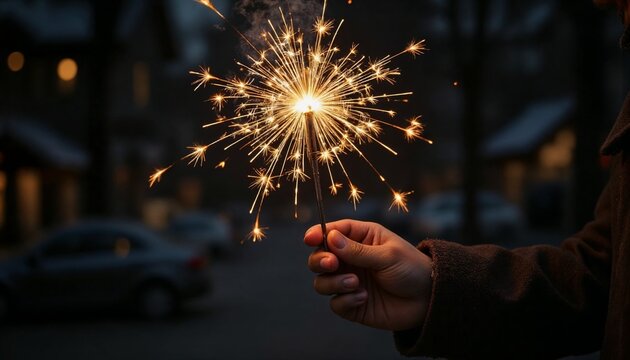 Hand holding a sparkler at night during winter celebration  