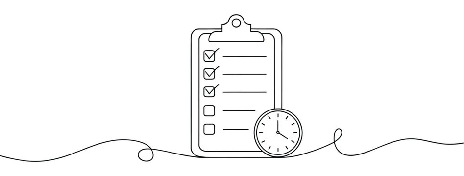 Minimalist line drawing of clipboard with checklist and clock, symbolizing productivity, task management, planning, and time awareness
