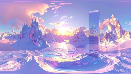 A breathtaking panoramic vista of snow-capped mountains bathed in a pastel sunrise, featuring a striking, reflective vertical structure.