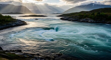 Fototapeta premium Powerful whirlpool in turquoise water with sunbeams breaking through clouds over mountains