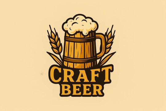 Craft beer logo design featuring a wooden mug with foam and wheat elements