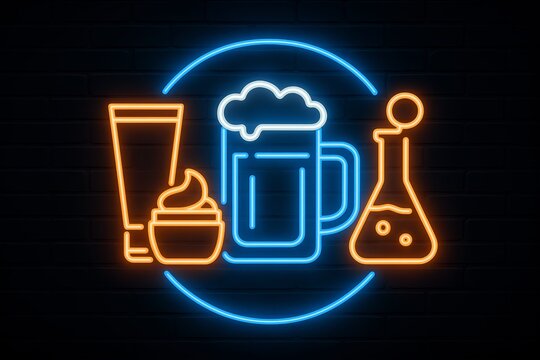 Neon illustration of beverage, skincare, and laboratory elements in vibrant glowing colors