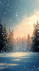 Fototapeta premium Winter Morning Light Shines Through Snowy Trees in a Peaceful Landscape