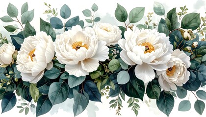 Elegant floral border with white peonies and eucalyptus