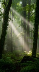 Fototapeta premium Sunbeams pierce lush green forest canopy illuminating ferns and mossy tree trunks