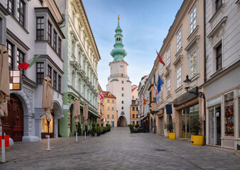 Bratislava, Slovakia. View of Michael's Gate (Michalska brana) and Michalska street in old town
