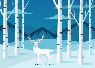 White Deer in Snowy Winter Forest Illustration
