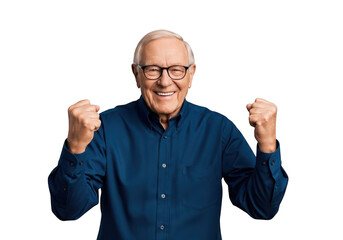 Joyful elderly man celebrates success with raised fists and a wide smile transparent background