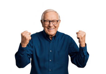 Joyful elderly man celebrates success with raised fists and a wide smile transparent background