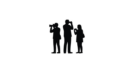 Silhouettes of three people with cameras against a white background