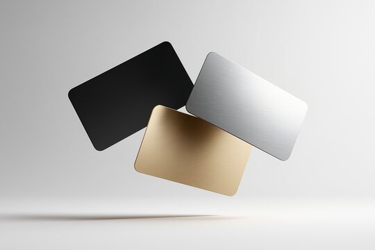 Three metallic credit cards floating against a minimalistic white background with soft shadows