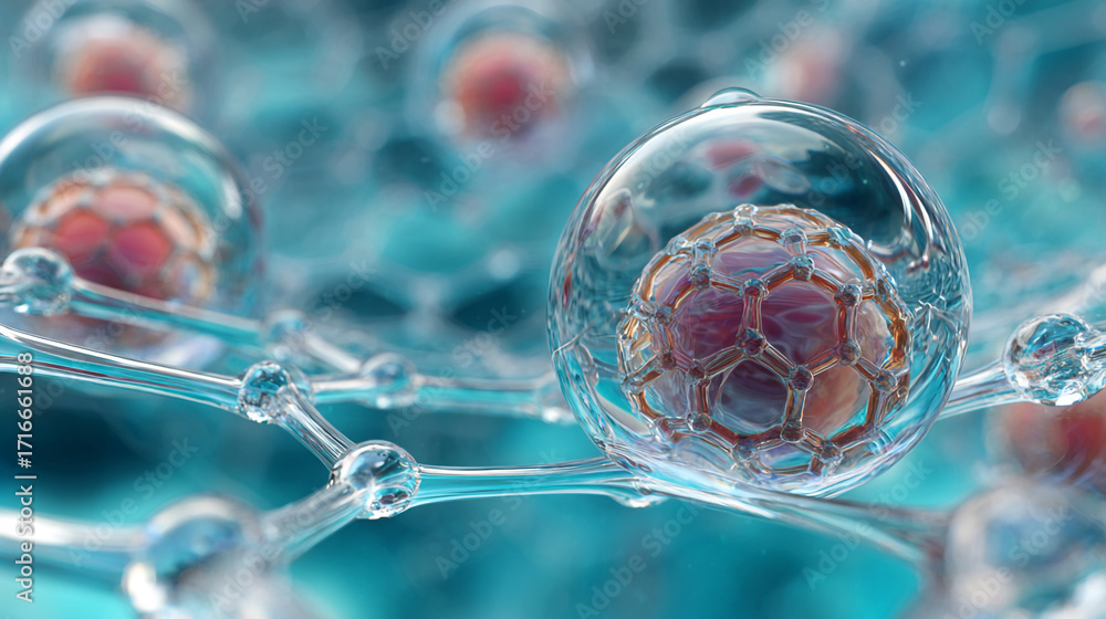 Poster microscopic view of encapsulated molecules in a complex network