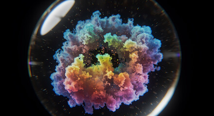 Rainbow colored smoke explosion inside glass sphere