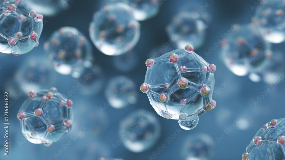 Aufkleber microscopic view of translucent spheres with internal structures floating in a blue background showi