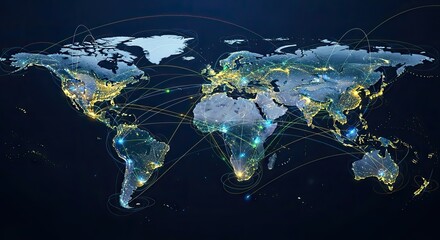 Global network connections illuminate the Earth at night, showcasing vibrant international data flow and digital communication pathways for modern business.